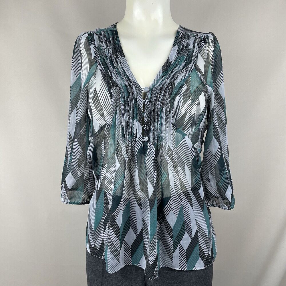 Banana Republic Semi Sheer Top Womens XS Grey Green Chevron Print Classic Office
